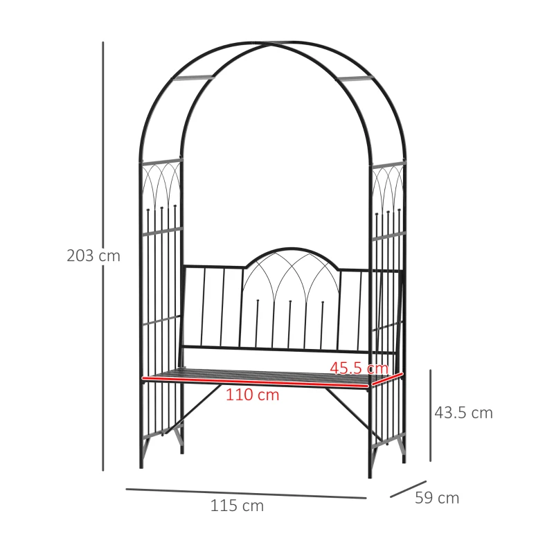 Outsunny Garden Metal Arch Bench Outdoor Patio Rose Trellis Arbour Pergola for Climbing Plant Antique Style 2-Seater Chair, Black