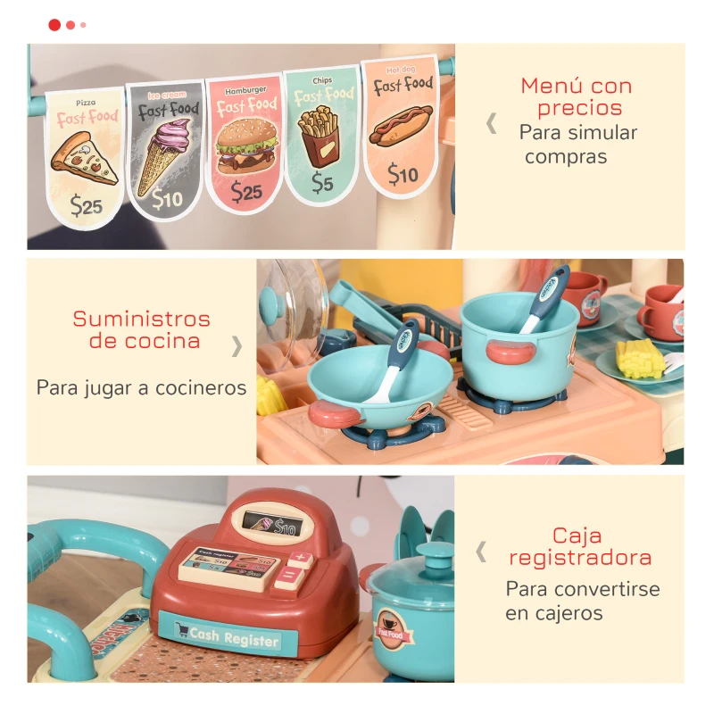 HOMCOM Cocina de Juguete para Niños de 3-6 Años con Ruedas Caja Registradora y Accesorios 79,5x33x90,5 cm Multicolor