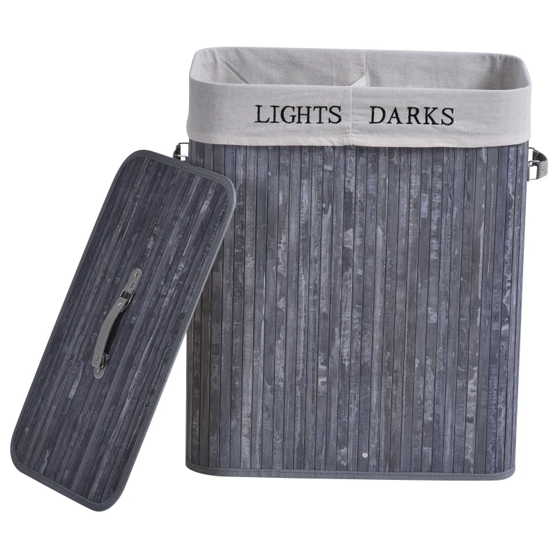 HOMCOM Bambus Wäschekorb mit Deckel 100 L Wäschesammler mit PU-Griffen, Wäschesack aus Segeltuch, Laundry Baskets Wäschesortierer für Waschküche Schlafzimmer Badezimmer Grau