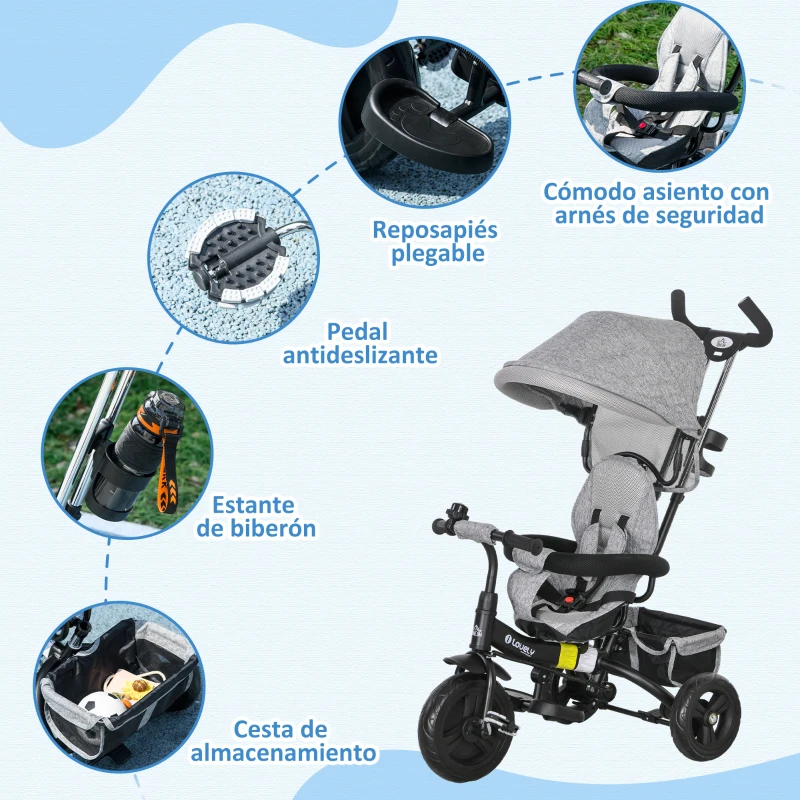 HOMCOM Triciclo Evolutivo para Niños +12 Meses con Toldo Plegable Mango de Empuje Telescópico y Cinturón de Seguridad Gris