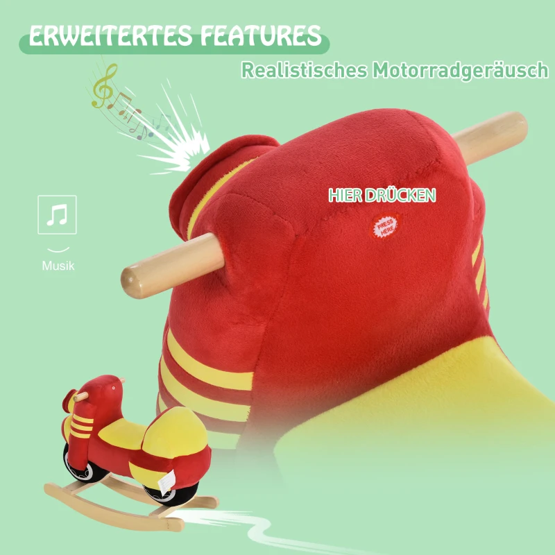 HOMCOM Kinder Schaukelpferd Baby Schaukeltier Motorrad mit Motorrad Sound, Schaukel Schaukelspielzeug Haltegriffe für 18-36 Monate Plüsch Rot+Gelb 60x25.5x48 cm