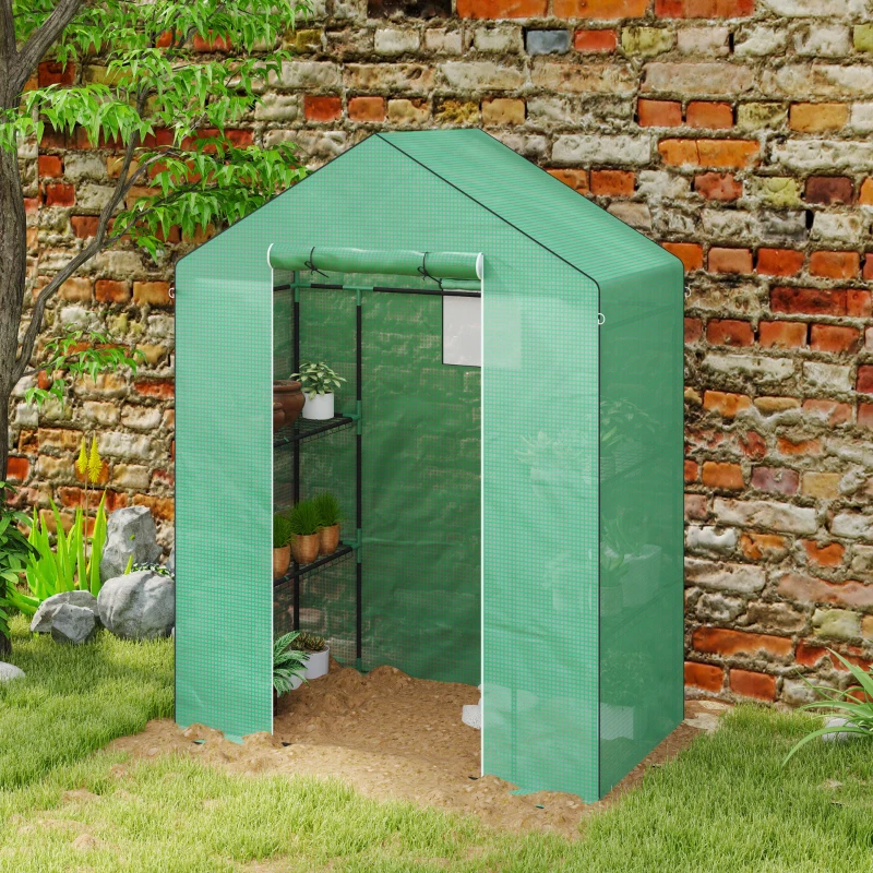 Outsunny Gewächshaus mit Regalen, Mini-Treibhaus, UV-beständig, Netzfenster, Reißverschlusstür, 143L x 74B x 190H cm, Grün(m-8)