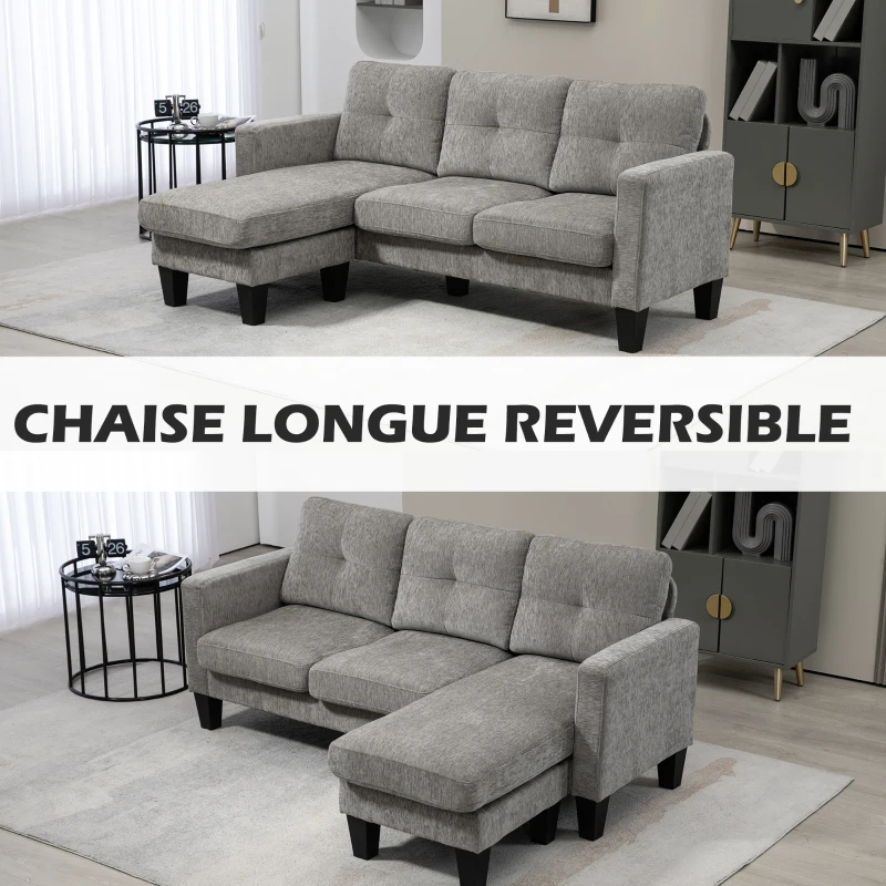 HOMCOM Sofá Esquinero en Forma de L Tapizado Poliéster Sofá Chaise Longue Reversible con 3 Cojines 186x130x84cm Marrón Topo(m-6)