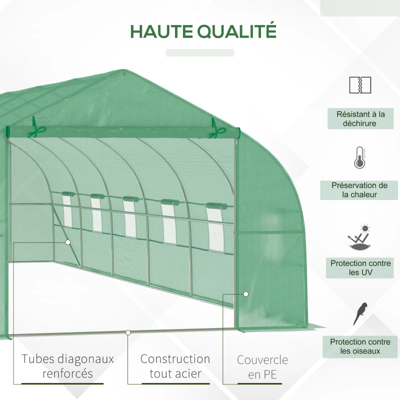 Outsunny Serre de jardin tunnel grande taille avec bâche PE cadre en acier porte enroulable et 12 fenêtres 8 x 3 x 2 m vert