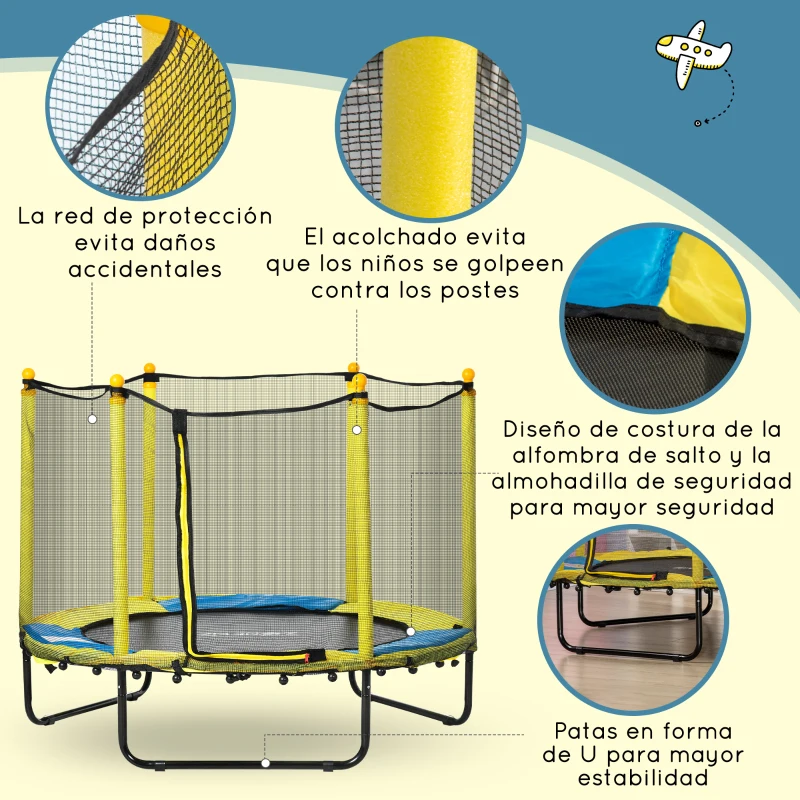 ZONEKIZ Trampolín para Niños de 3-10 Años con Red de Seguridad y 3 Patas de Acero en Forma de U Carga 50 kg Ø140x113 cm Amarillo