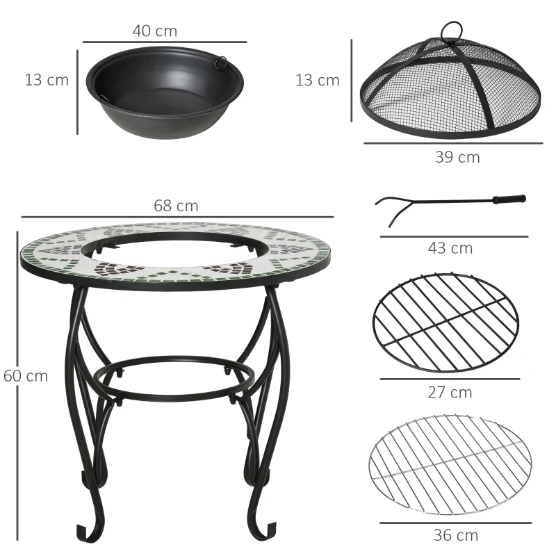 Outsunny 3-in-1 Φ68cm Outdoor Fire Pit, Garden Table with Cooking BBQ Grill, Mosaic Firepit Bowl with Spark Screen Cover, Fire Poker for Backyard Bonfire Patio