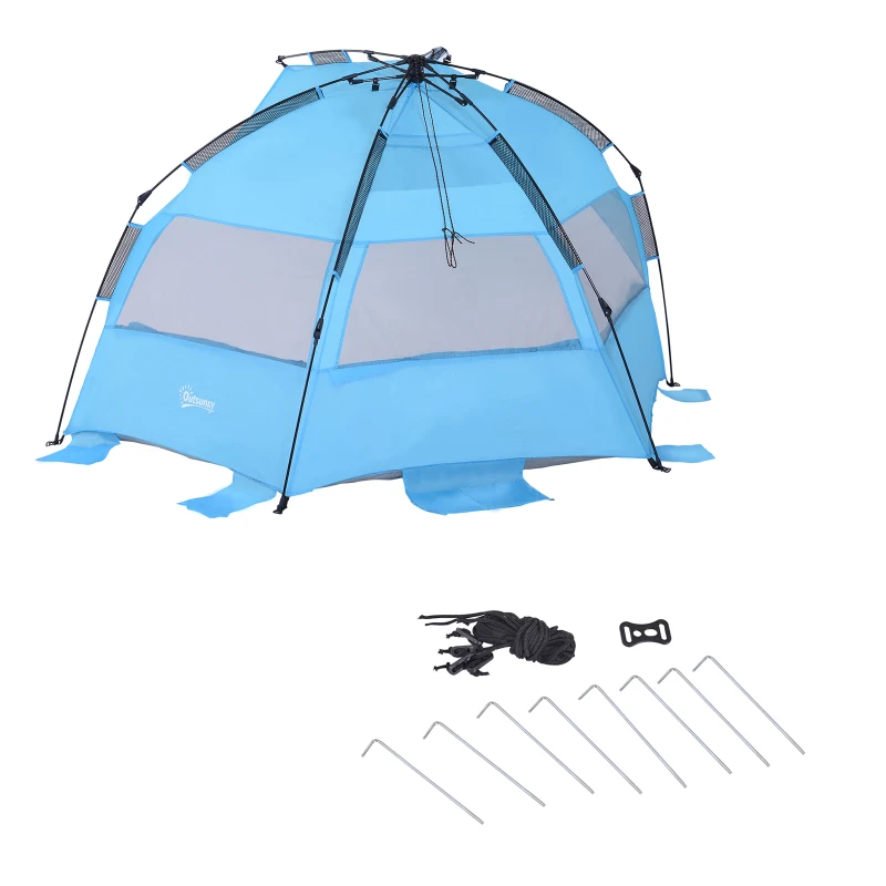 Outsunny Tente de plage abri de plage XXL pliable dim. 2,50L x 1,40l x 1,40H m 3 fenêtres sacs transports inclus polyester bleu ciel