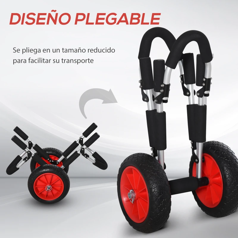 HOMCOM Carrito para Tablas de Surf Plegable con 2 Ruedas Carga 45 kg y Marco de Aluminio 64x55x38,5 cm Negro y Rojo
