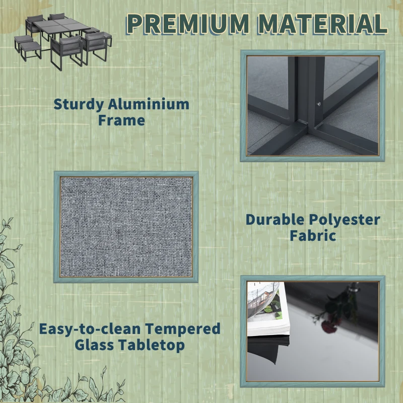Outsunny Nine-Piece Aluminium Garden Set, with Glass-Top Table - Grey