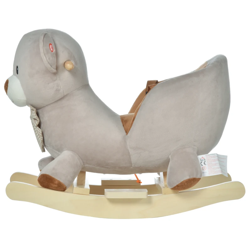 HOMCOM Caballito Balancín Infantil en Forma de Osito de Felpa para Bebés 18-36 Meses con Sonido y Cinturón 60x33x50 cm Gris