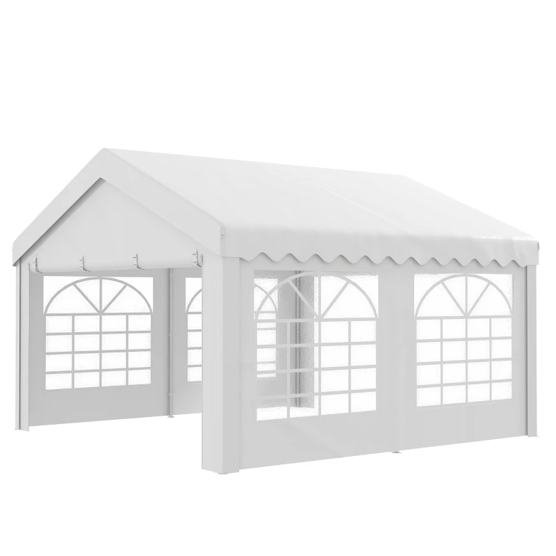 Outsunny Carpa para Fiesta Cochera Gazebo 4x4m Pergola Cenador Pabellón 4 Paneles Laterales 6 Ventanas Anti-UV para Eventos Bodas Acero PE Blanco