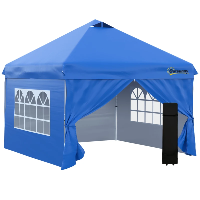 Outsunny Pavillon 3x3m Faltpavillon 4 Seitenwände mit Fenster Tür Festzelt Gartenzelt Pop-Up-Pavillon inkl. Heringe Abspannseile Tragetasche Metall Oxford Blau