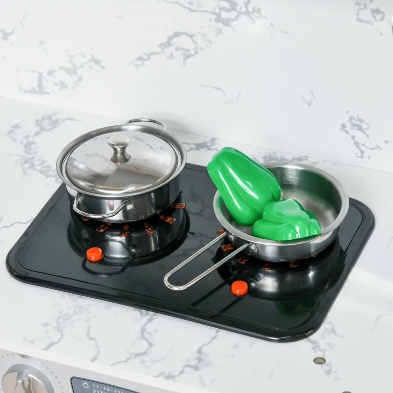 AIYAPLAY Cuisine enfant en bois avec 17 accessoires légumes en plastique boutons et lumières toque 3-6 ans gris blanc