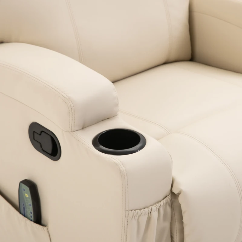 HOMCOM Poltrona Relax Elettrica Reclinabile Girevole con 2 Portabicchieri, Telecomando, Poggiapiedi e 4 Tasche Laterali, in Pelle PU, Legno e Acciaio, Crema