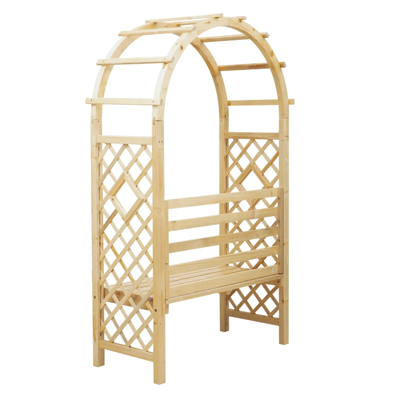 Outsunny Rosenbogen mit Bank Gartenpergola Sitzbank Rosenbank Laubenbank Philosophenbank Rankgitter Rankhilfe Gartenbank Massivholz Natur 120 x 55 x 207 cm