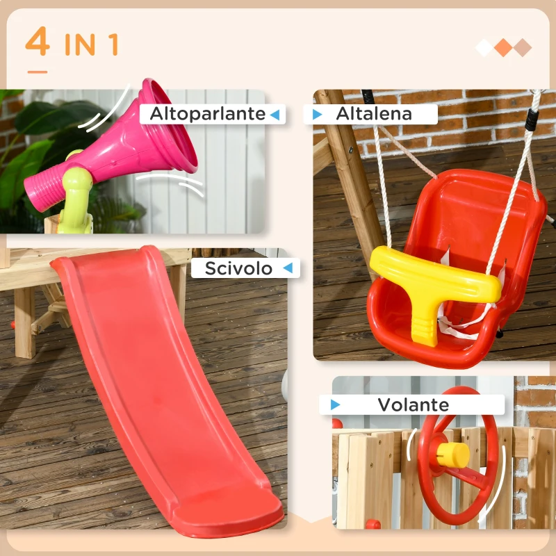 Outsunny Set con Scivolo e Altalena da Giardino per Bambini Età 18-48 Mesi, in Legno e Plastica, Rosso