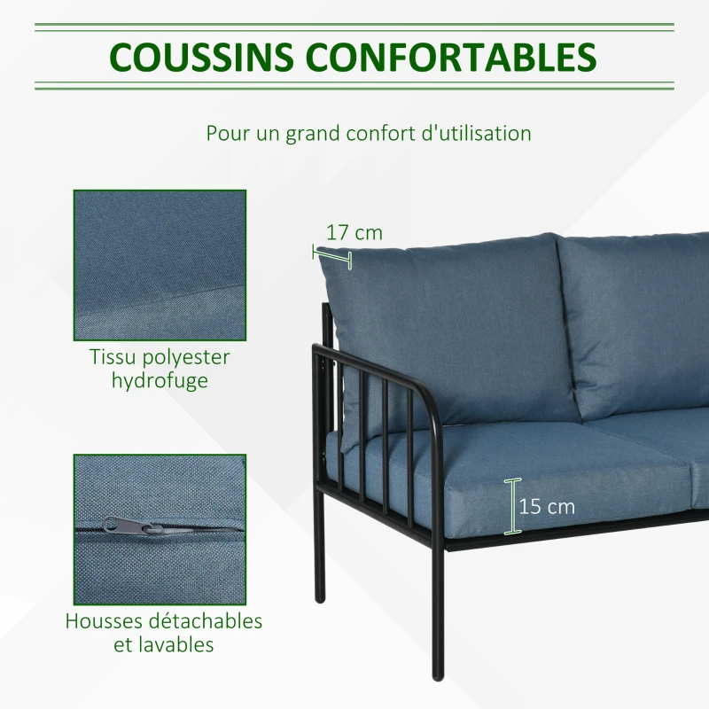 Outsunny Ensemble salon de jardin 4 pièces canapé 2 places + 2 fauteuils + table basse plateau verre trempé grand confort 4 coussins rembourrage épais déhoussables métal bleu foncé et noir