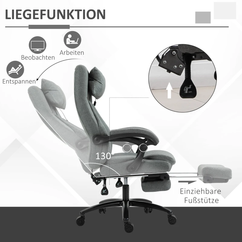 Vinsetto Bürostuhl massage, höhenverstellbarer Chefsessel, Gamingstuhl mit Fußstütze Massagefunktion, ergonomischer Drehstuhl, Massage Sessel, Leinen-Gefühl, Grau, 64 x 74 x 109-117 cm