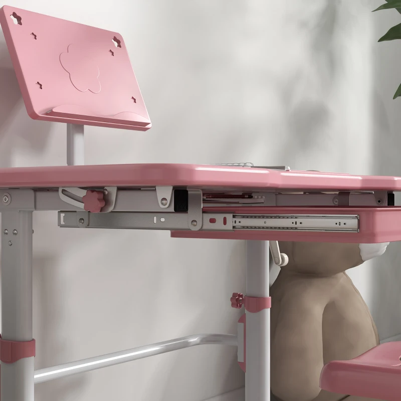 ZONEKIZ Pupitre Infantil Ajustable con 1 Cajón 1 Estante para Libros y Ángulo de Mesa Ajustable 80x49,5x82-104 cm Rosa y Blanco