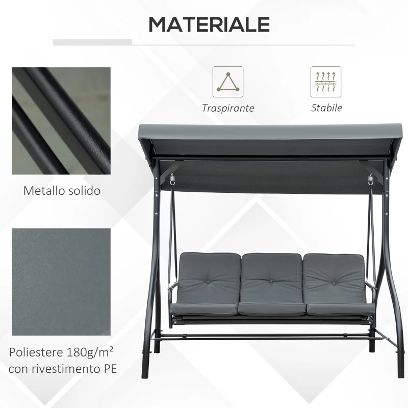 Outsunny Dondolo da Giardino 3 Posti Convertibile in Lettino con Tettuccio Regolabile, Grigio Scuro