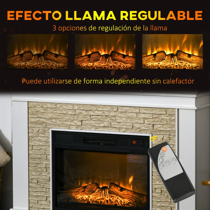 HOMCOM Chimenea Eléctrica con Calefacción 1800W Efecto de Llama con Control Remoto Temporizador 120x24x80 cm Blanco