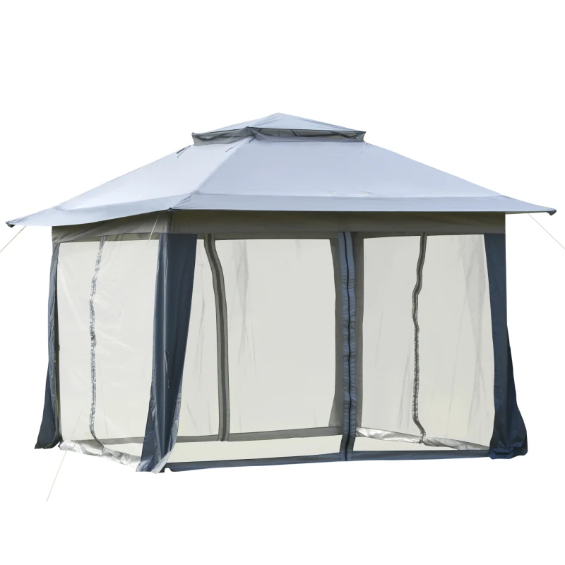 Outsunny Tonnelle barnum de jardin pop-up pliant 4 x 4 m acier polyester moustiquaires + sac de transport à roulettes gris