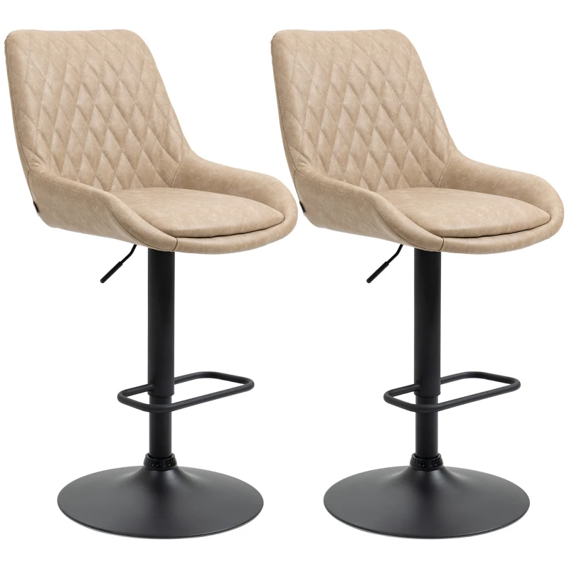 HOMCOM Retro Bar Stools Set of 2, Adjustable Kitchen Stool, Upholstered Bar Chairs with Back, Swivel Seat, Light Khaki