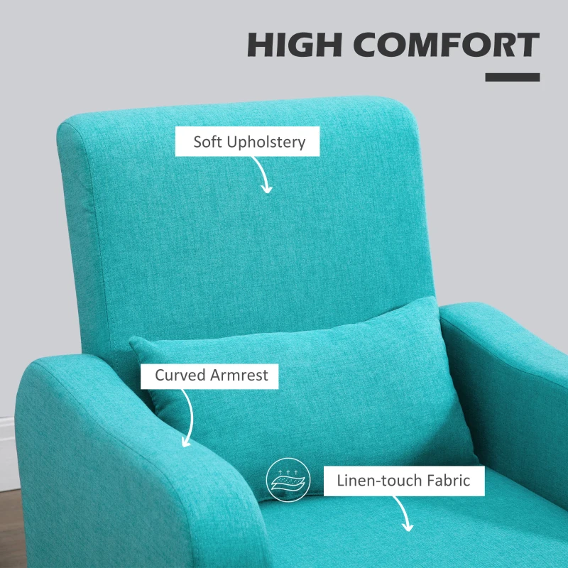 HOMCOM Accent Chair, Linen-Touch Armchair with Pillow, Upholstered Leisure Lounge Sofa for Living Room, Club Chair with Rubber Wooden Frame, Teal