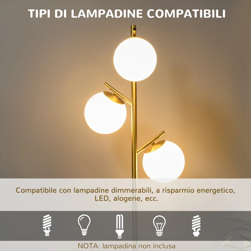 HOMCOM Lampada da Terra Moderna con 3 Punti Luce in Acciaio e Vetro, Ø27x159cm, Oro