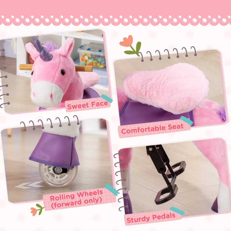 HOMCOM Kids Ride-On Unicorn, with Two Wheels - Pink