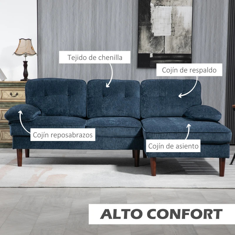 HOMCOM Sofá Chaise Longue en Forma de L Tapizado en Poliéster con Reposabrazos para Salón Carga 250 kg 215x142x88 cm Azul