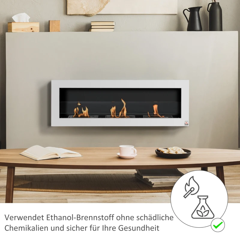 HOMCOM Ethanol-Kamin Bio-Ethanol-Brenner 3 Brennboxen 1L 3 Std. Brenndauer 2000W kein Rauch wandmontiert Stahl gehärtetes Glas Weiß 120 x 15 x 40 cm
