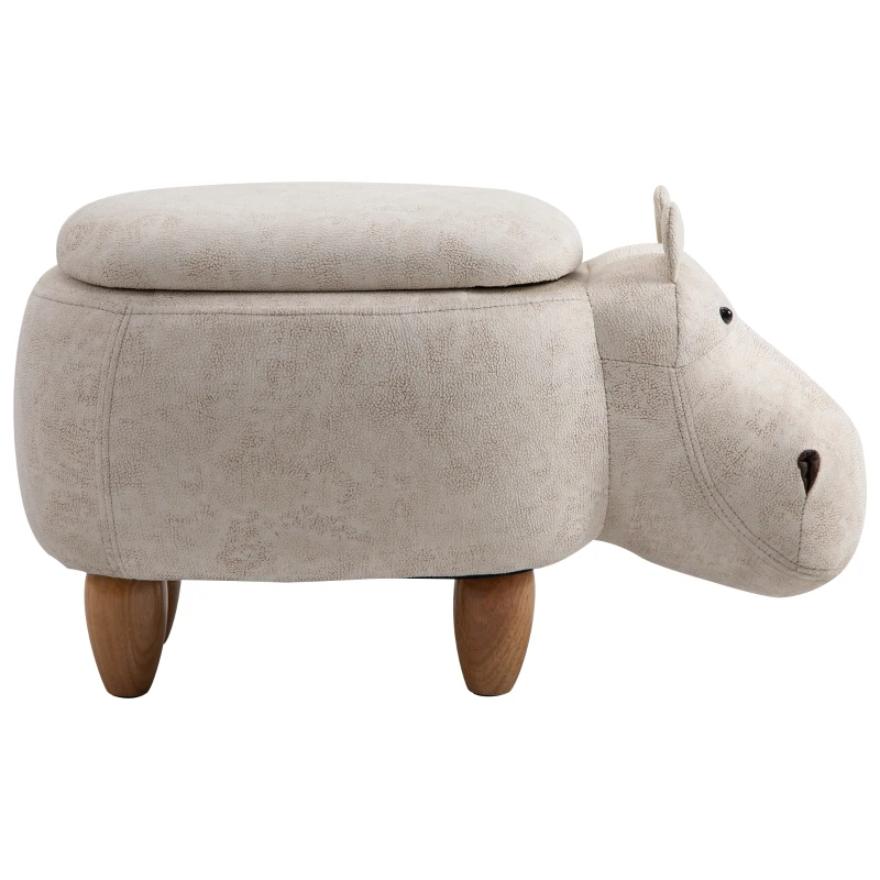 HOMCOM Pouf Contenitore a Forma di Ippopotamo con Gambe in Legno e Rivestimento Bianco Crema, per Cameretta 65x35x36cm