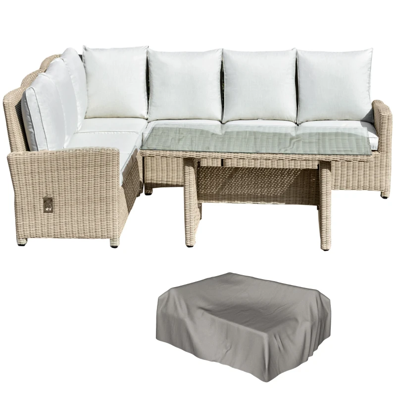 Outsunny 5 PCS Reclining PE Rattan Garden Dining Set Bonzer Patio Furniture w/ Sofa Chairs Glass Table, Olefin Cushions Adjustable Feet Stylish Lounge Conversation