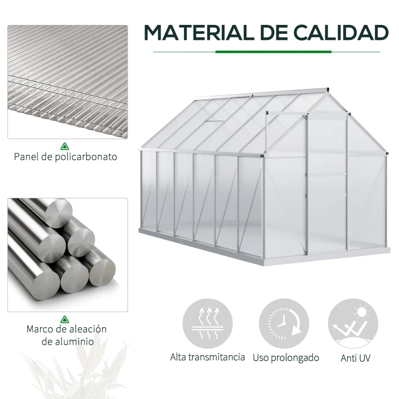 Outsunny Invernadero Policarbonato Aluminio de Jardín 190x375x199 cm 7,1m² Caseta de Exterior con Base Puerta Corredera y 2 Tragaluces para Cultivo Plantas Semillas Transparente