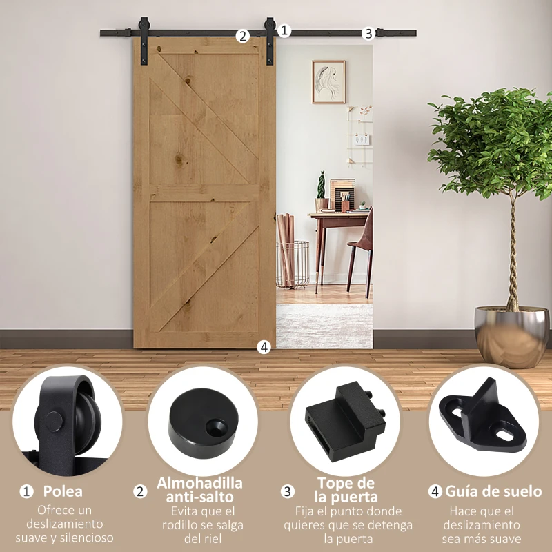 HOMCOM Herraje Puerta Corredera 200 cm Kit de Riel Adecuado para 1 Puerta Granja de Madera de 100 cm de Ancho Acero de Carbono Carga Máx. 90 kg