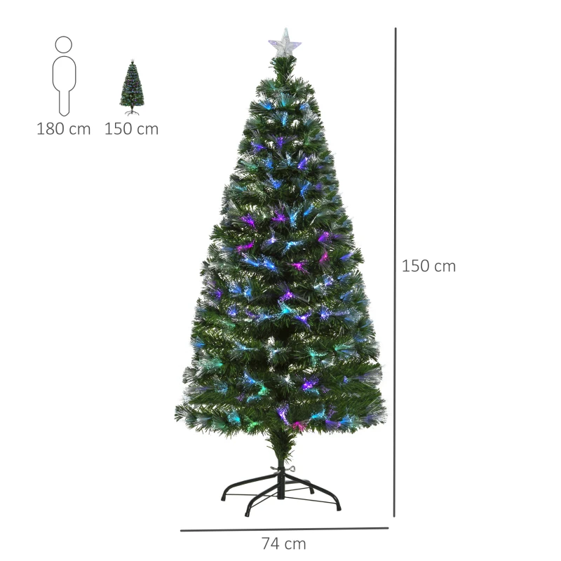 HOMCOM Árbol de Navidad 150cm Artificial Árboles con 180 Luces LED multicolor y Estrella Decorativa Brillante Árbol con Soporte Fibra Óptica