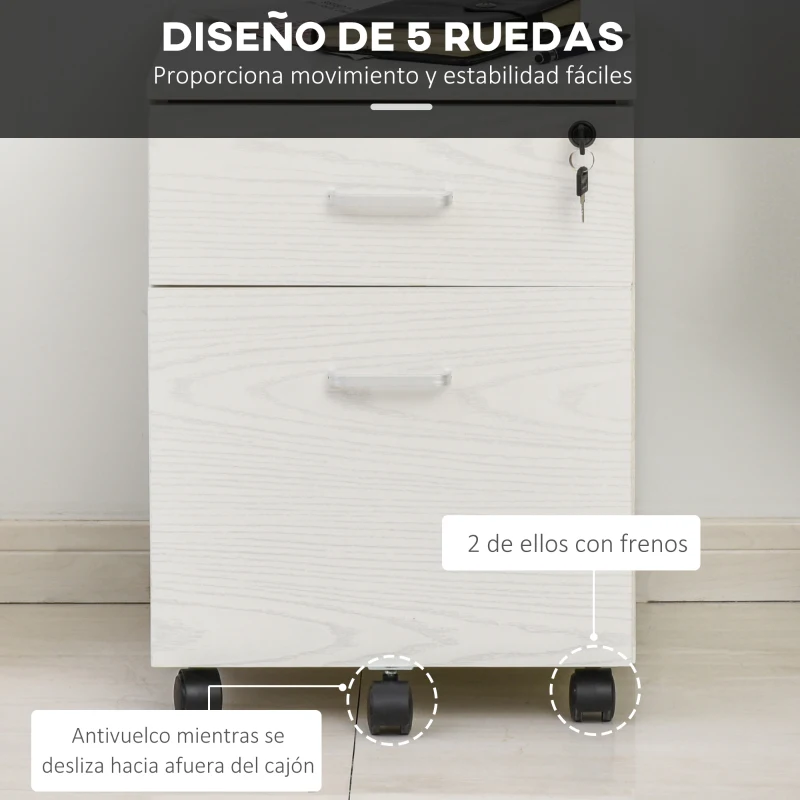 Vinsetto Archivador Móvil para Archivos A4 con Ruedas Gabinete de Archivos Suspendidos con 2 Cajones y Cerradura 40x45x55,6 cm Blanco