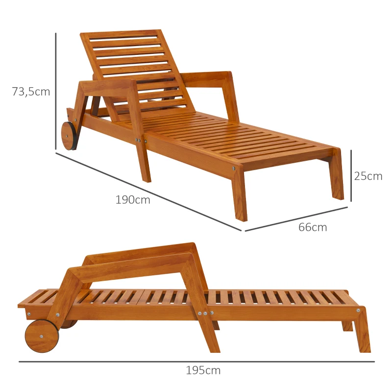 Outsunny Bain de soleil en bois à lattes avec dossier inclinable sur 3 positions accoudoirs 2 roues 66 x 190 x 73,5 cm