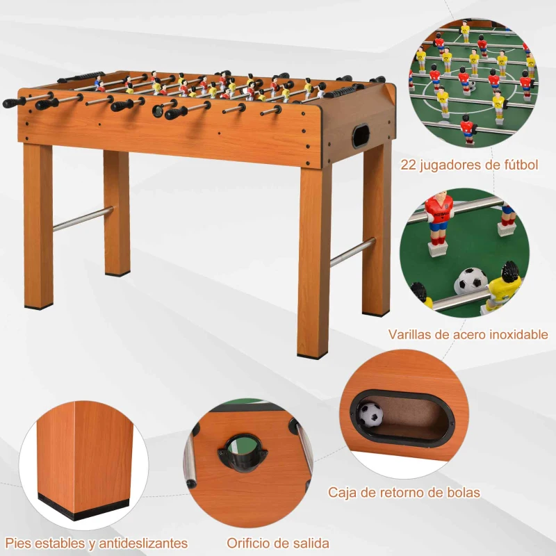 HOMCOM Futbolín de Madera Profesional para Niños y Adultos Mesa de Futbolín con 8 Barras y 2 Pelotas para Casa o Salas de Juego Fácil de Montar 122x61x80,7 cm Natural