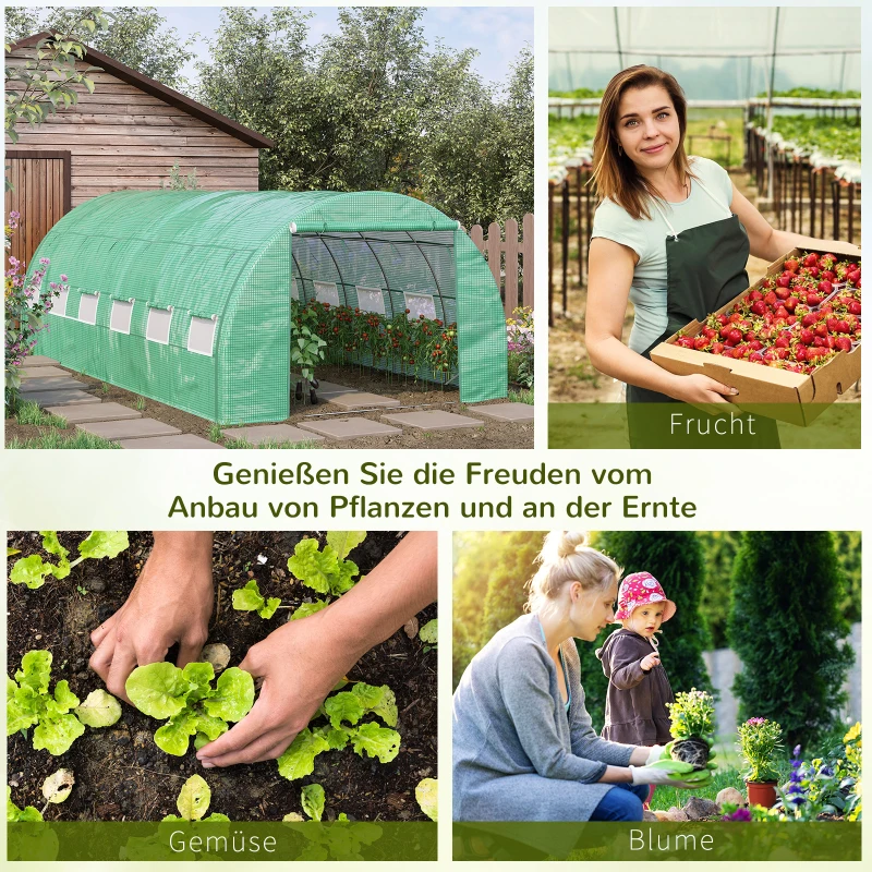 Outsunny Foliengewächshaus Polytunnel 6 x 3 x 2 m begehbares Gewächshaus mit aufrollbar Abdeckungen Folientunnel Treibhaus UV-Schutz Stahlrohr Grün