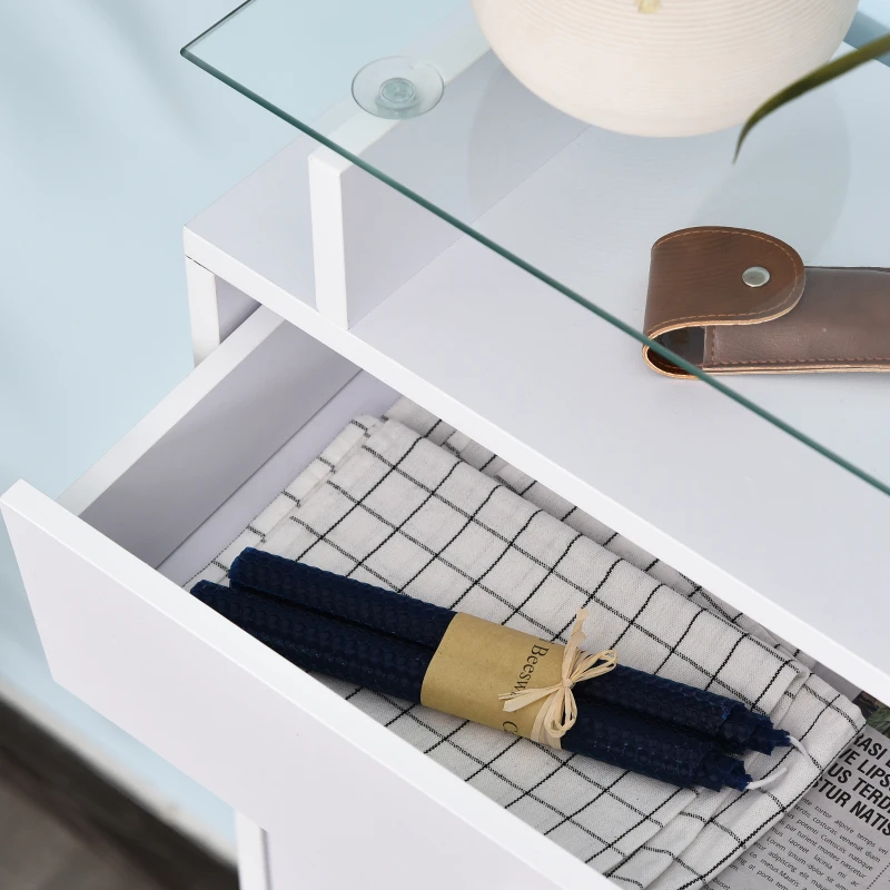 HOMCOM Armoire à Chaussures Meuble rangement Chaussures 2 Portes abattantes 2 Compartiments, tiroir, Plateau en Verre - Bois chêne Blanc