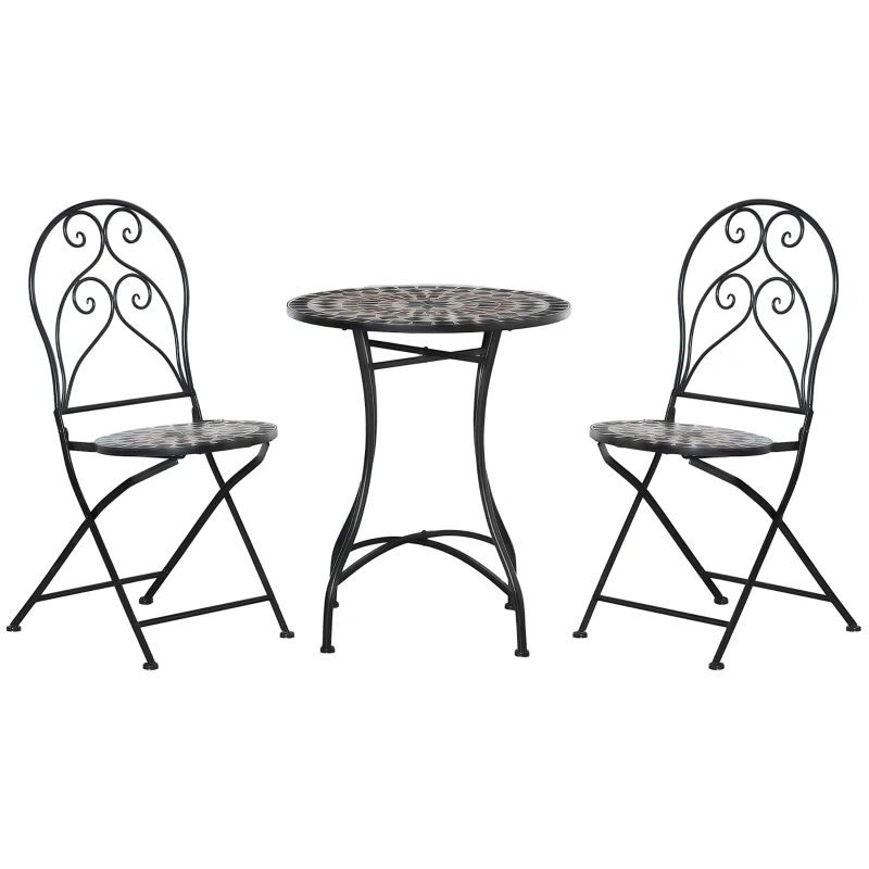 Outsunny 3 Pieces Garden Bistro Set with Coffee Table and 2 Folding Single Chairs, Mosaic Garden Table Top and Seats, Metal Frame, for Patio Balcony, Black
