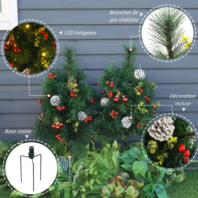 HOMCOM Sapins de Noël artificiel 75 cm - lot de 2 sapins LED - 8 modes réglable d'éclairage - 70 branches - décoration incluse - installation extérieur