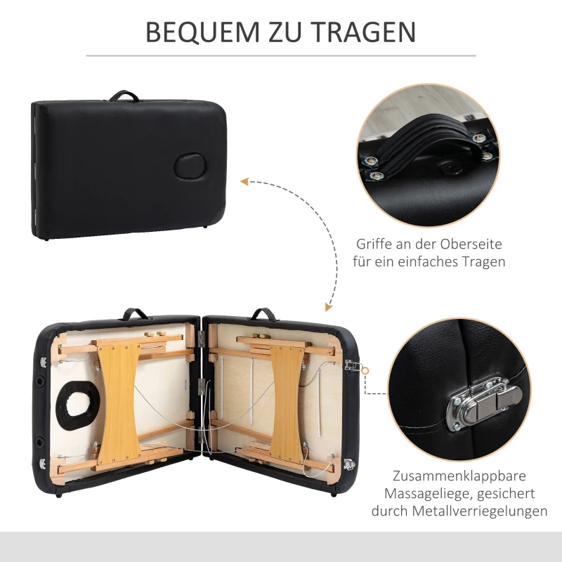 HOMCOM Massagetisch, klappbare Massageliege, höhenverstellbare Massagebank für Spa, Salon, Kunstleder, Holz, Schwarz