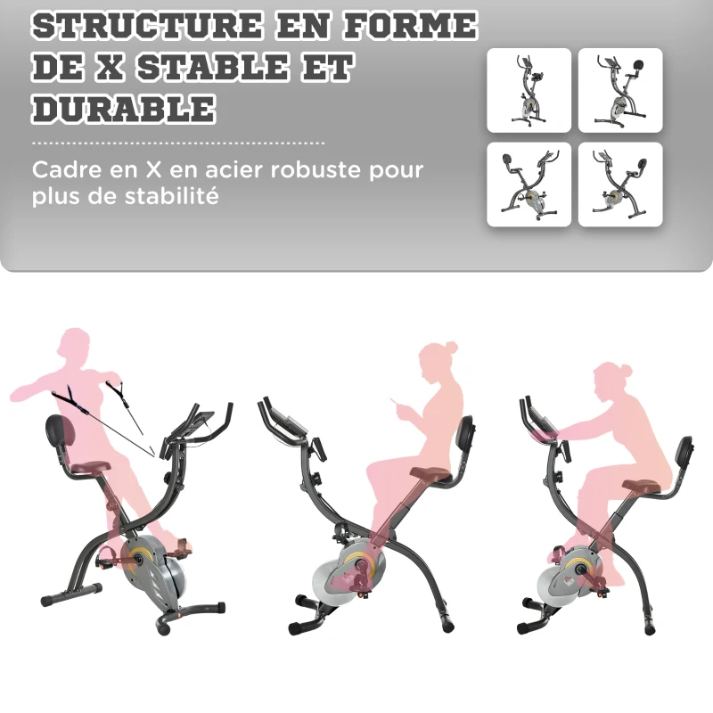 HOMCOM Vélo d'appartement magnetique pliable vélo de Fitness vélo d'intérieur selle réglable dossier guidon écran LCD multifonction bandes résistance acier gris noir