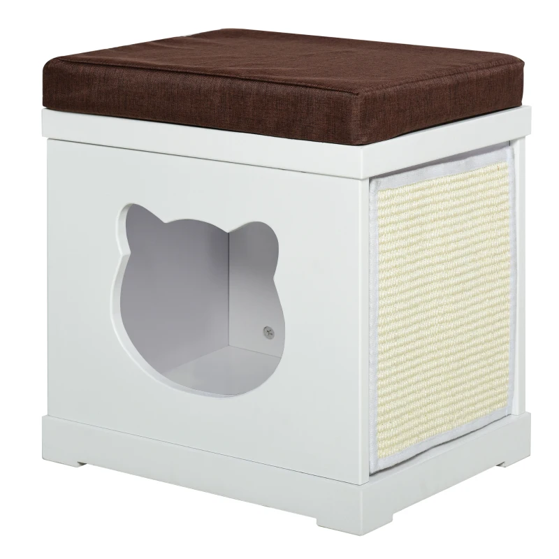 PawHut Katzenhaus Sitzhocker Hocker 2 In 1 Katzenhöhle Katzenwohnung MDF Weiß 41 x 30 x 36 cm