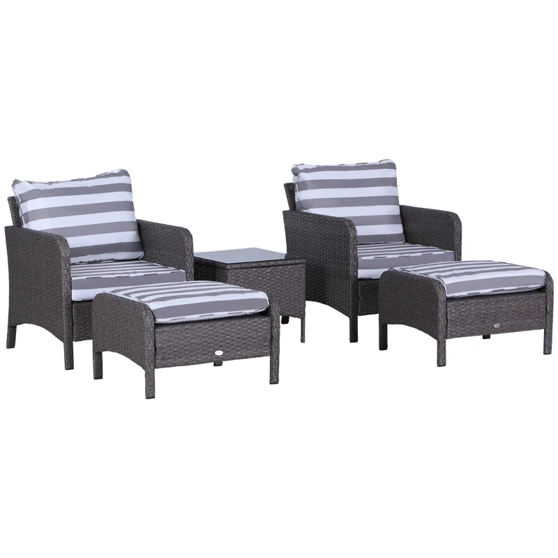 Outsunny 5 Pieces PE Rattan Garden Furniture Set with 10cm Thick Padded Cushions, Wicker Weave Outdoor Seating Chairs with 2 Armchairs, 2 Stools, Glass Top Table, Dark Grey