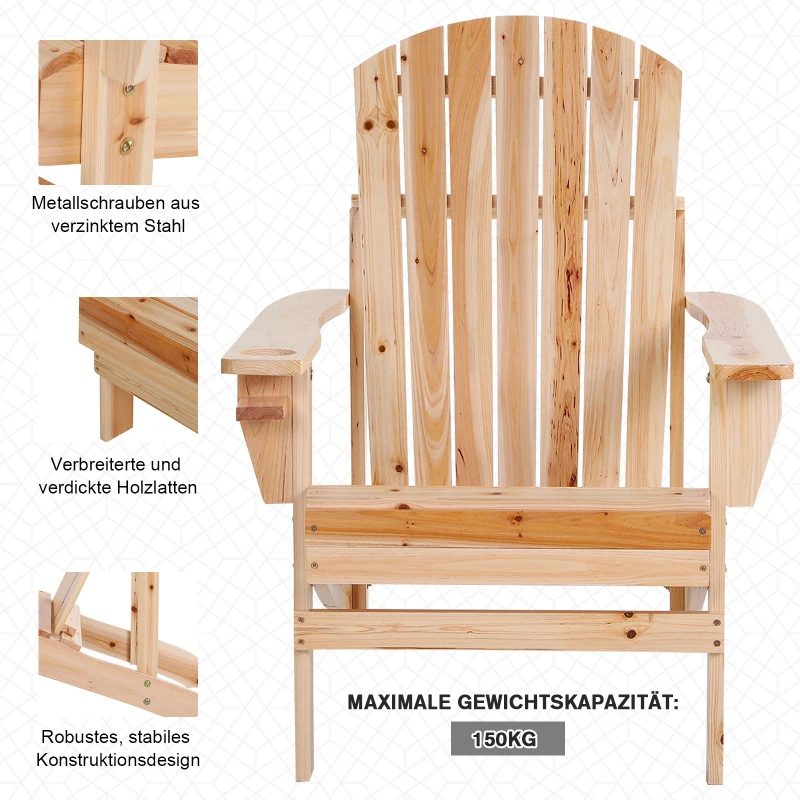 Outsunny Adirondack-Gartenstuhl mit Becherhalter Gartenliege Balkonstuhl Massivholz Natur 72,5 x 97 x 93 cm