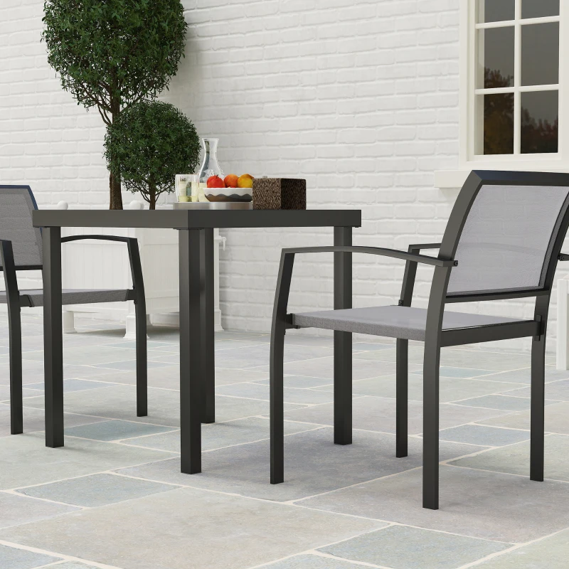 Outsunny 3-delige buiten eetset, Tafel in houtlook met 2 stoelen, weerbestendig, stalen frame, terrasmeubels, Grijs